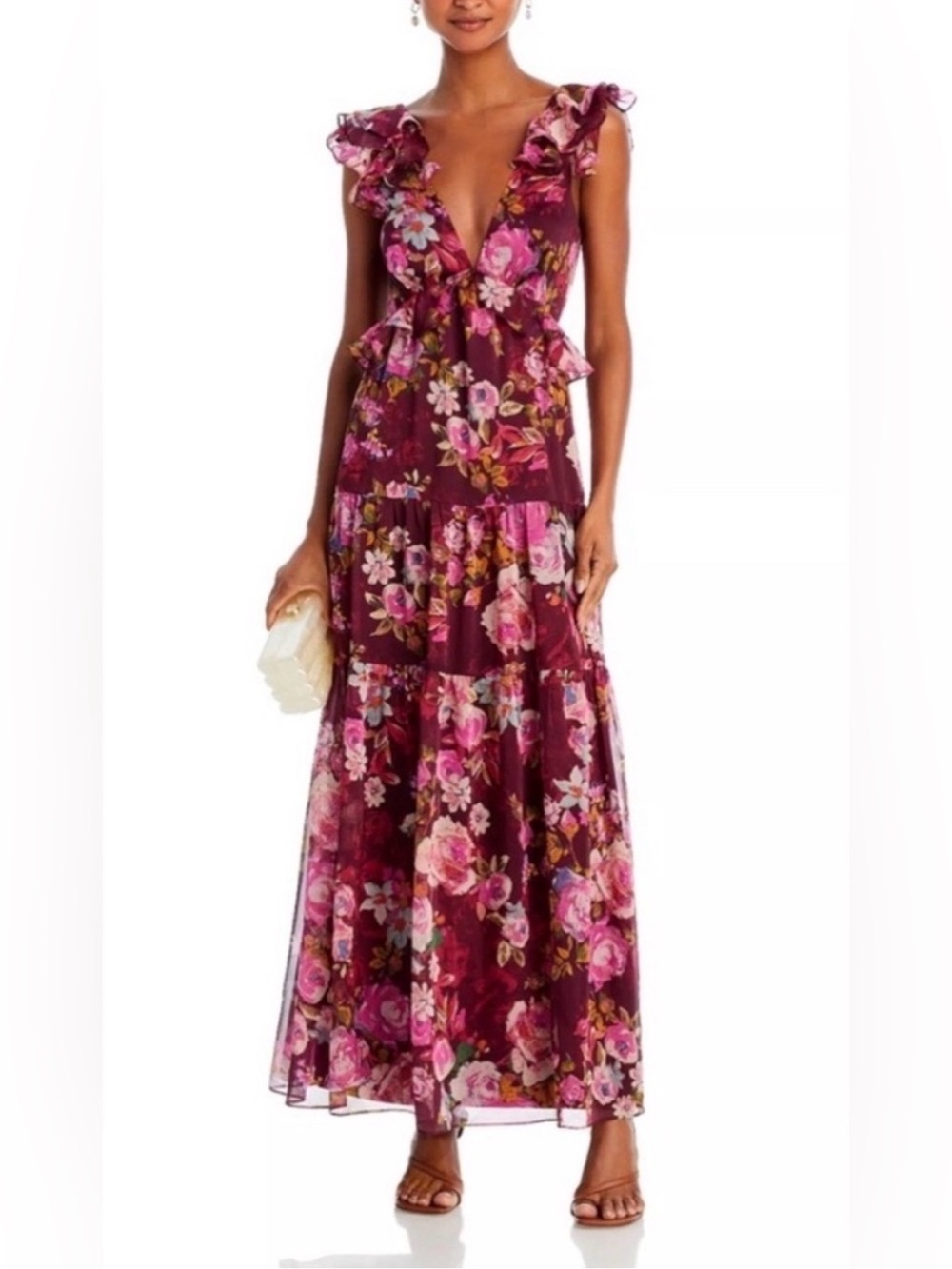 AQUA Floral Ruffle V-Neck Maxi Dress